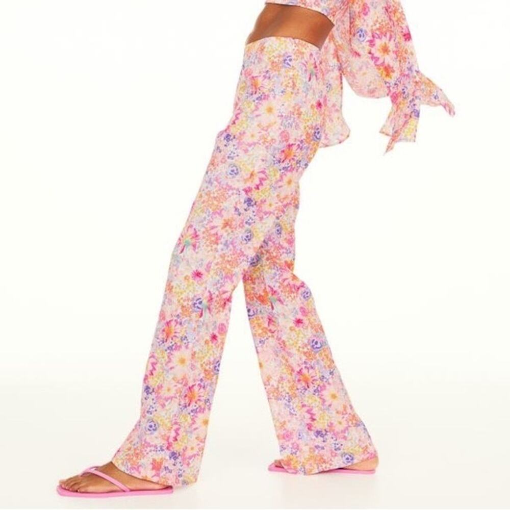 H&M Retro Flower Child Pink Floral Flared Pants NWT Size XS